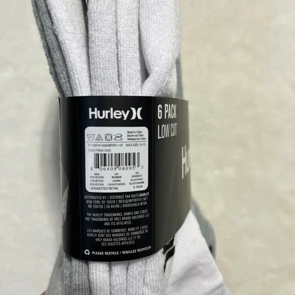 Hurley Mens 6 Pack Low Cut Socks NWT White Gray Black Size 10-13